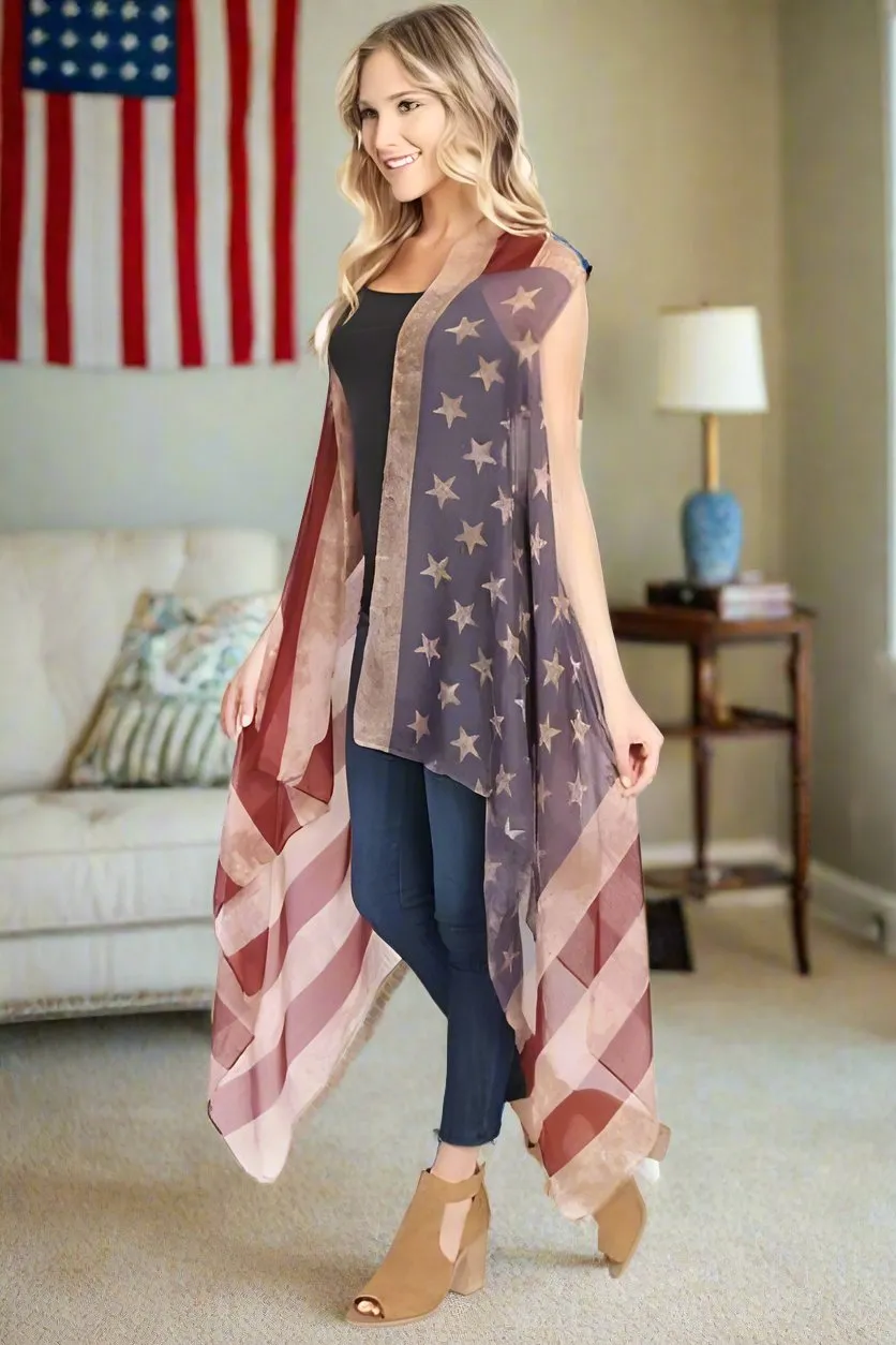 Womens 4th of July American Flag Kimono Vest Patriotic Cardigan Size OS Red/White/Blue