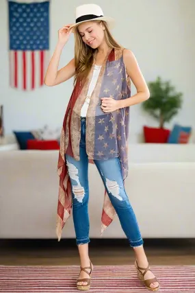 Womens 4th of July American Flag Kimono Vest Patriotic Cardigan Size OS Red/White/Blue